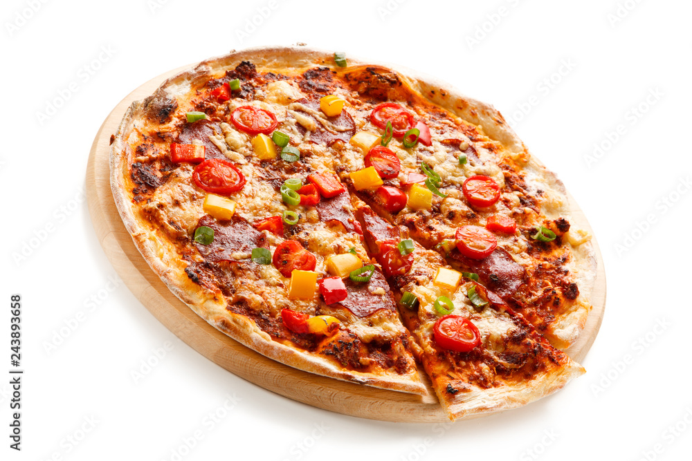 Pizza with ham and vegetables on white background Pizza with ham and vegetables on white background