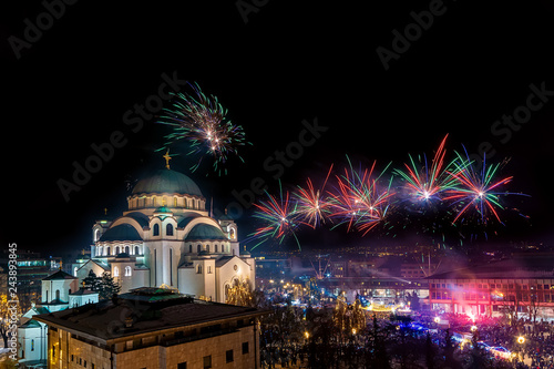 Belgrade, Serbia - January 14, 2019: Orthodox New years eve celebration with fireworks over the Church of Saint Sava at midnight in Belgrade, Serbia