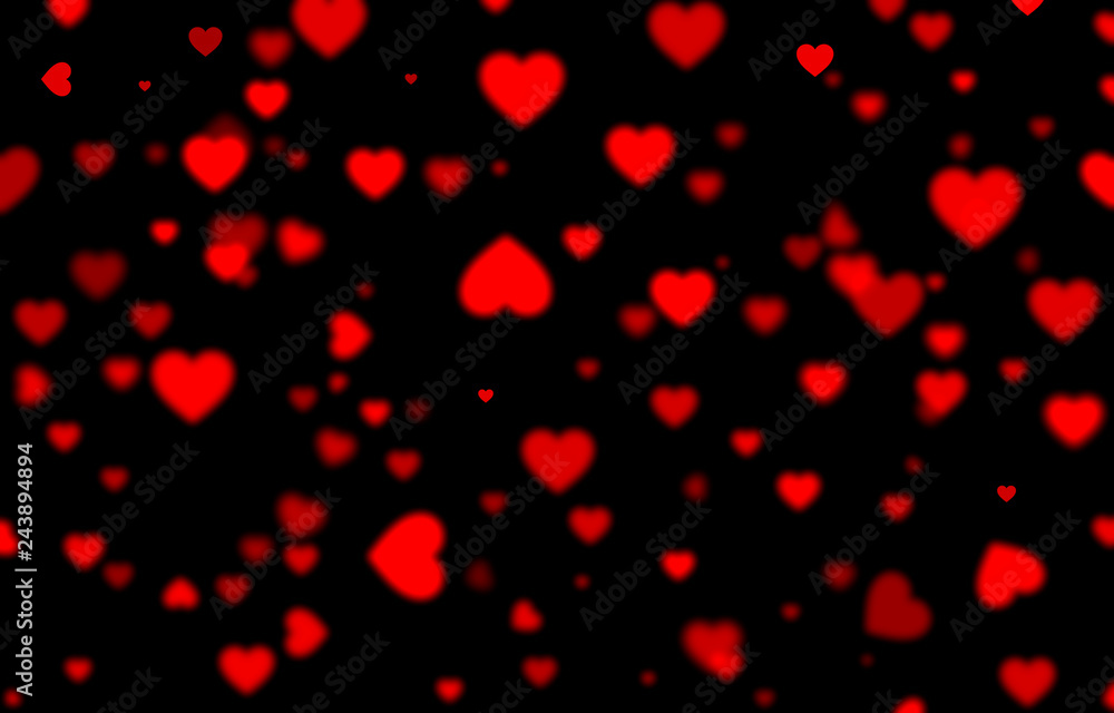 Red falling hearts on black background, blurred bokeh background, heart, holiday, love, black, delaminate