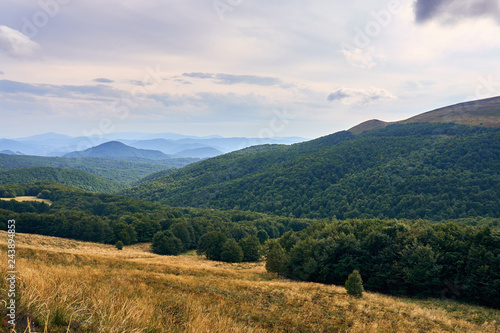 Fototapeta Naklejka Na Ścianę i Meble -  Beautiful panoramic view of the Bieszczady mountains in the early autumn, Bieszczady National Park (Polish: Bieszczadzki Park Narodowy), Poland.