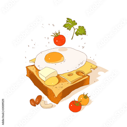 Breakfast, sandwich. Vector hand-drawn sketch. 
