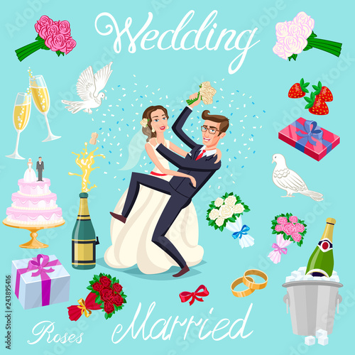set vector wedding just married couple with hearts avatars characters. roses flowers champagne cake newlyweds pigeons gifts rings strawberry bow ice bubbles