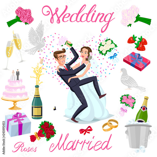 set vector wedding just married couple with hearts avatars characters. roses flowers champagne cake newlyweds pigeons gifts rings strawberry bow ice bubbles