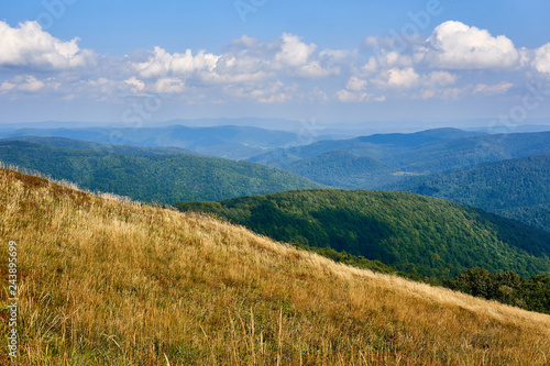 Fototapeta Naklejka Na Ścianę i Meble -  Beautiful panoramic view of the Bieszczady mountains in the early autumn, Bieszczady National Park (Polish: Bieszczadzki Park Narodowy), Poland.