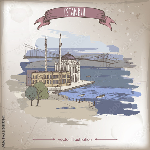 Vintage color travel illustration with Ortakoy Mosque and bridge over Bosphorus in Istanbul, Turkey. Hand drawn sketch.