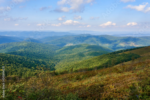 Beautiful panoramic view of the Bieszczady mountains in the early autumn, Bieszczady National Park (Polish: Bieszczadzki Park Narodowy), Poland. © udmurd