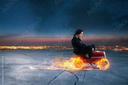 Fast businesswoman with a car wins against the competitors. Concept of success and competition