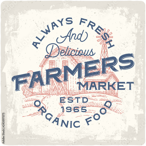 Organic food logo. Vintage poster with hand drawn illustration of farm house.