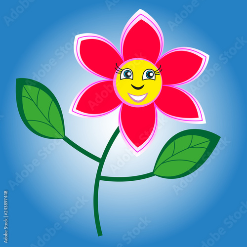 Happy and smiling flower with red petals isolated by blue gradient background.