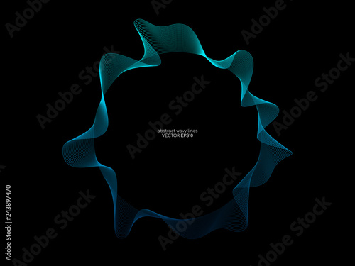 Circle wavy lines pattern frame of abstract sound wave equalizer green and blue colors isolated on black background in the concept of music, technology, digital, AI