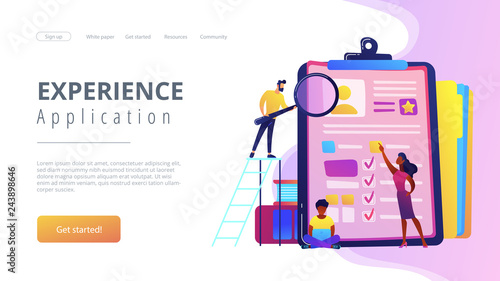 HR managers looking at curriculum vitae of job seeker as a concept of job interview, working experience, recruitment, job application. Violet palette. Website landing web page template.