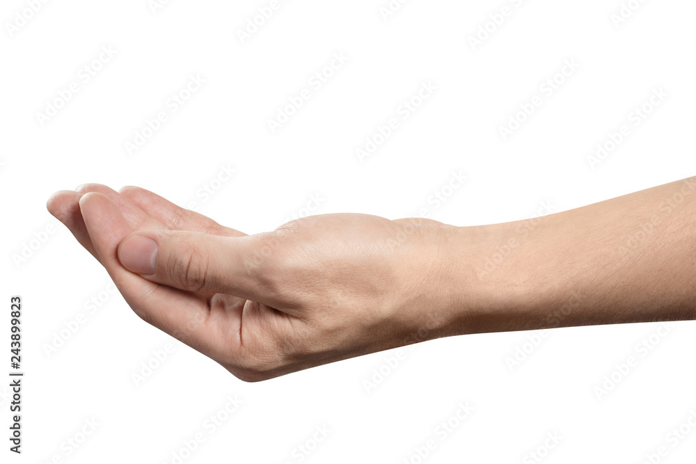 Outstretched hand gesture, holding, asking or offering something, isolated on white background Outstretched hand gesture, holding, asking or offering something, isolated on white background