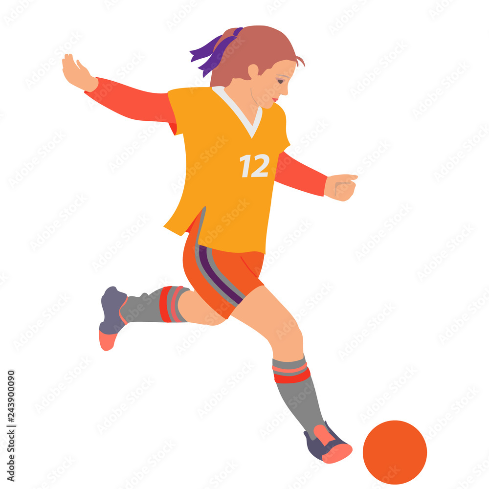 Soccer girl. Young woman playing soccer. Hand drawn vector illustration, flat color on white background.
Soccer girl. Young woman playing soccer. Hand drawn vector illustration, flat color on white background.