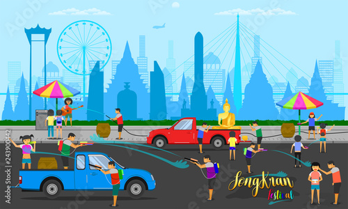songkran festival thailand traditional holiday summer with many people on street vector illustration eps10