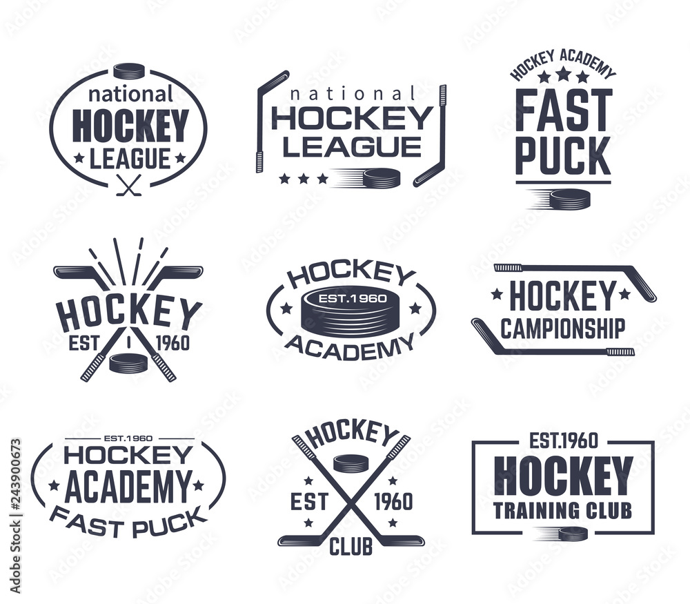 Set of isolated hockey logo with stick and puck