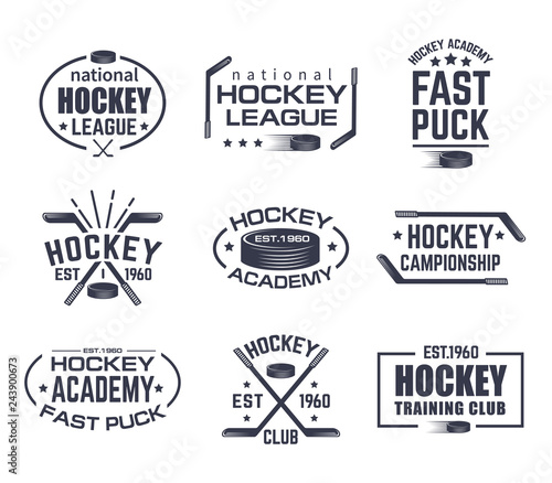 Set of isolated hockey logo with stick and puck