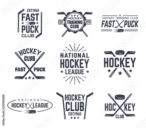 Set of isolated vintage hockey signs with puck