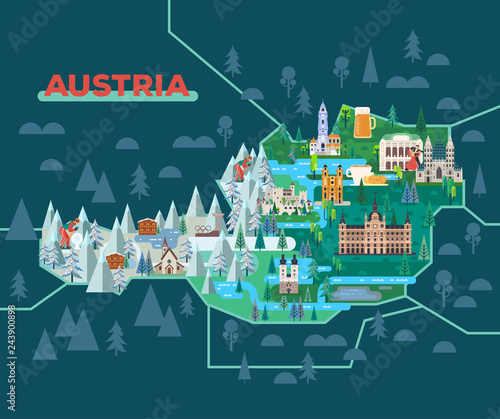 Travel map with landmarks of Austria.