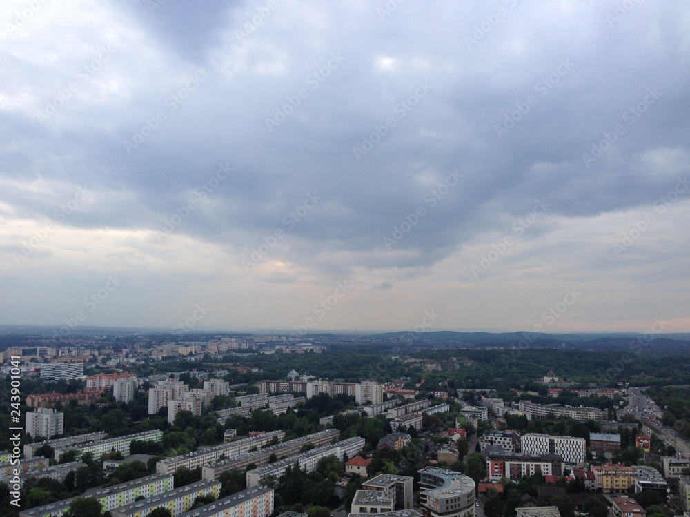 Landscape aerial birds eye view perspective of district centre and urban layout Nowa Huta Krakow Poland