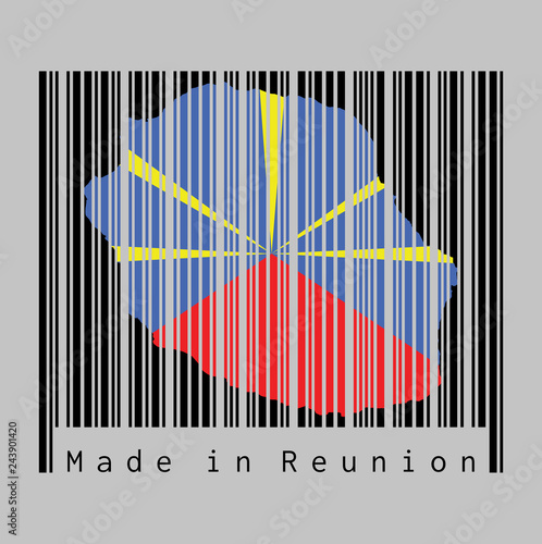 Barcode set the shape to reunion map outline and the color of reunion flag on black barcode with grey background.