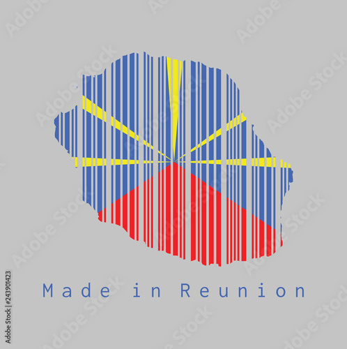 Barcode set the shape to reunion map outline and the color of reunion flag on grey background.