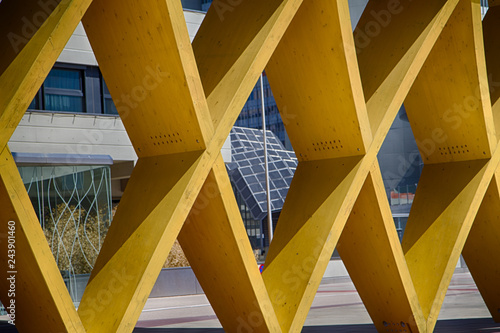 Photography Architectural generic facade thick yellow bracing landscape view in Vienna Austr
