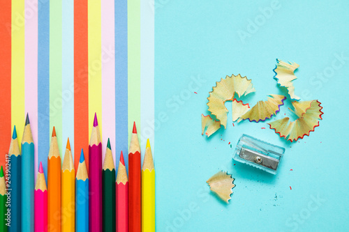 colored pencils, trash and rainbow colorful stripes, stationary