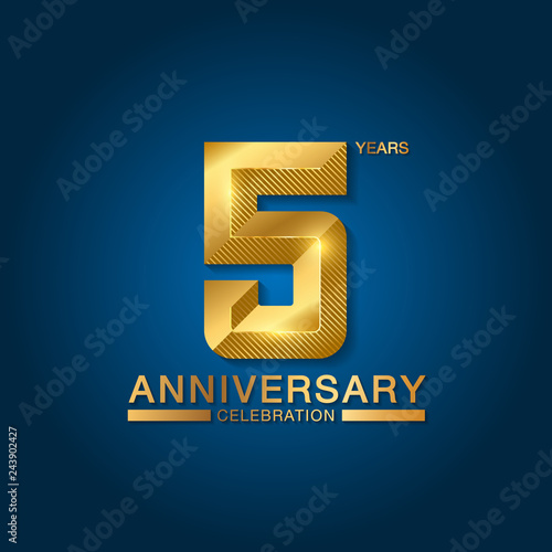 5 years anniversary celebration logotype. Golden anniversary emblem with ribbon. Design for booklet, leaflet, magazine, brochure, poster, web, invitation or greeting card.