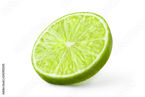 Ripe slice of green lime, isolated on white background