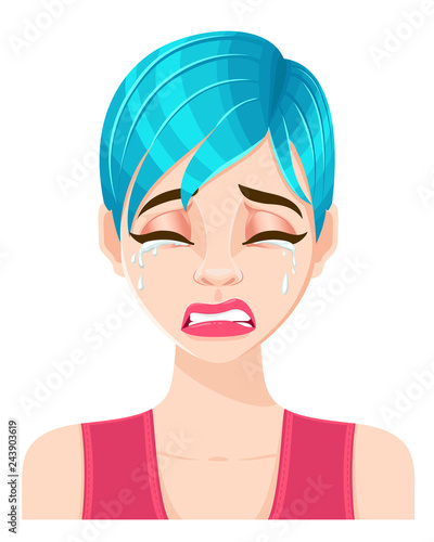 Crying young woman in blue hair, vector illustration, face expression