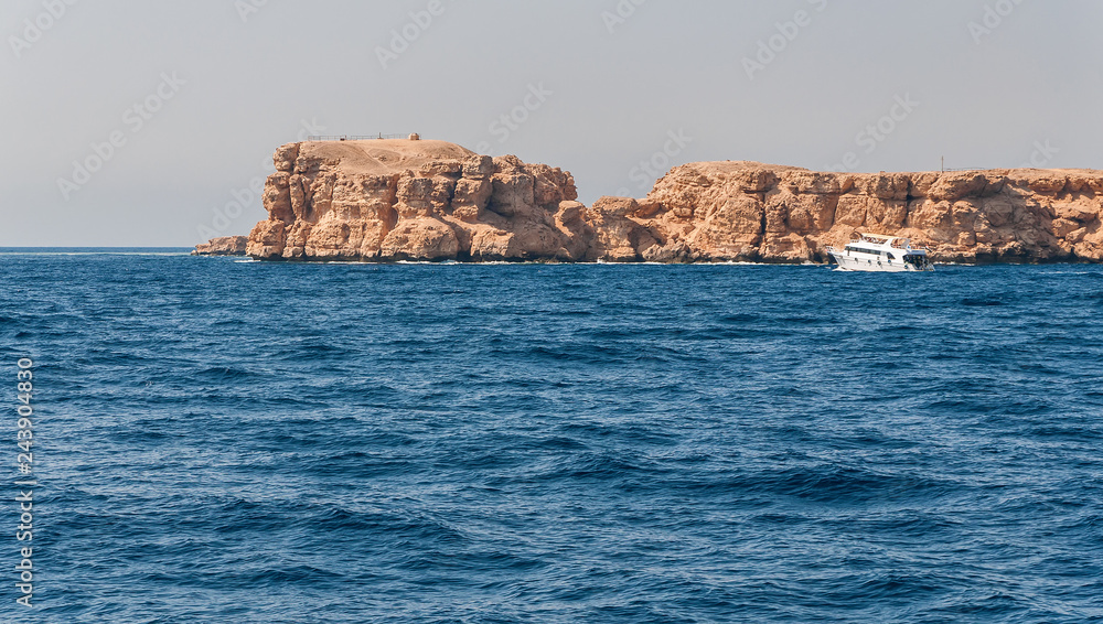 Sinai mountains and picturesque landscapes of the red sea in Egypt. Boat trip on the red sea