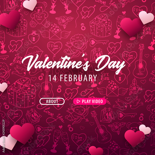 Valentines Day banner with doodle background. 14 February. Vector Illustration