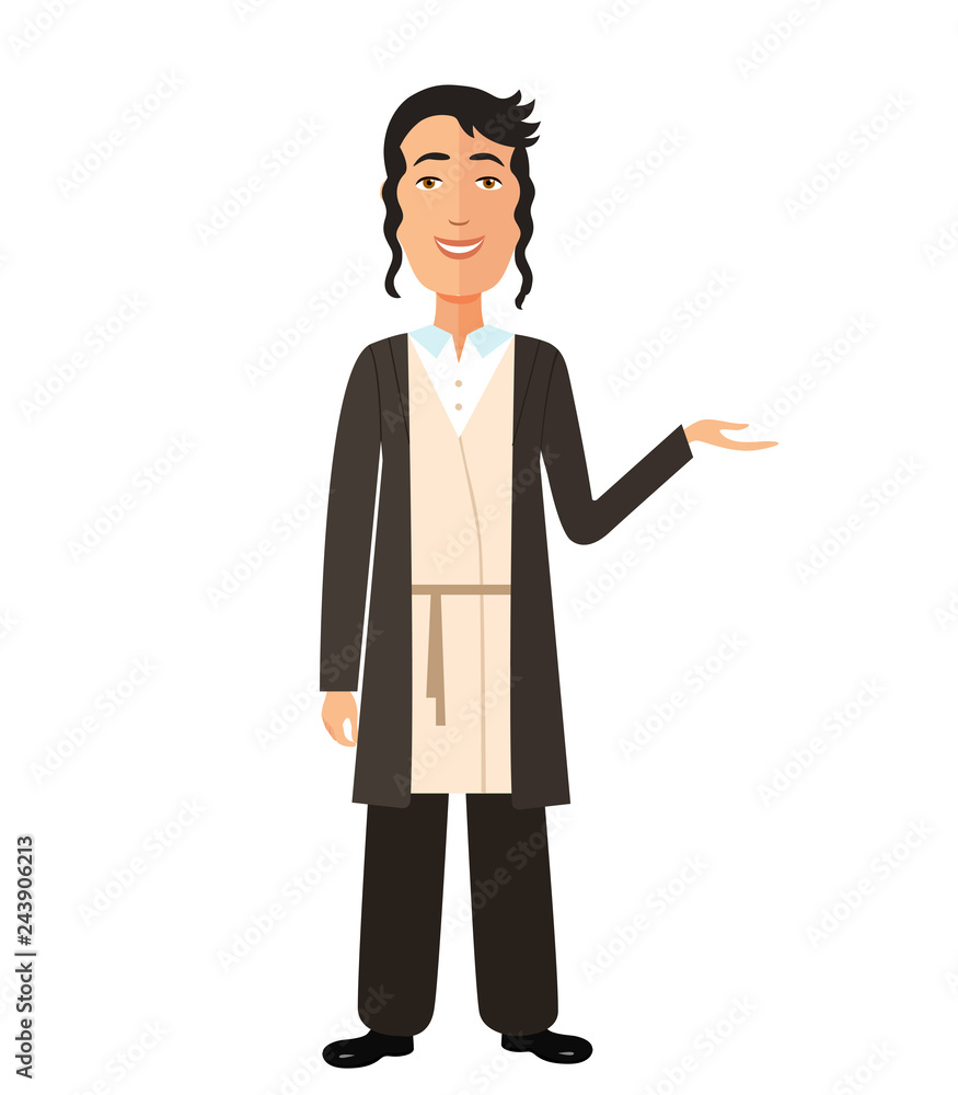 Jewish young man presenting flat vector cartoon isolated on white