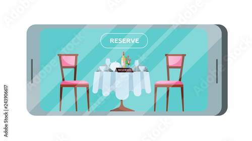 Button to reserve a table in a cafe or restaurant on the smartphone screen. A round table with a tablecloth lined with crockery and porcelain. Set with soft chairs. Flat cartoon vector illustration