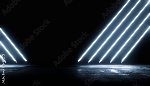 Neon Glowing Blue Lights Futuristic Background. Vibrant Colors shining Line In Empty Dark Room With Concrete Floor and Reflections. Abstract Future Sci Fi Concept. 3D Rendering Illustration