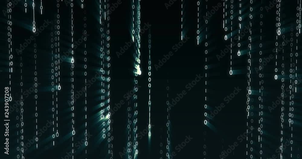 Strings of 0 and 1 fall from top to bottom in data matrix created in cyberspace with blue glow. Flow of digital data in a datacenter. Idea of communications network, binary code, security and privacy