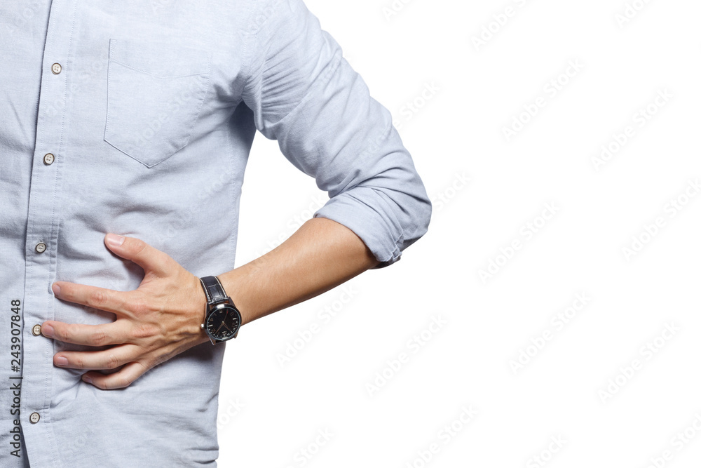 Fototapeta premium Man suffering from stomach ache, isolated on white background