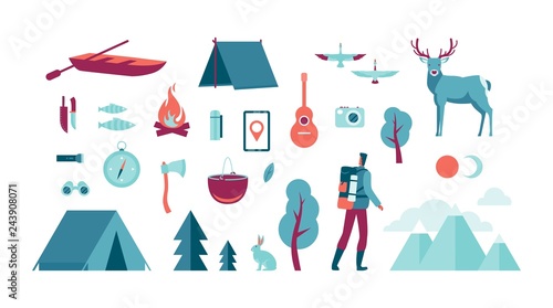 Hiking tourist set objects wild animals landscape trip Vector illustration