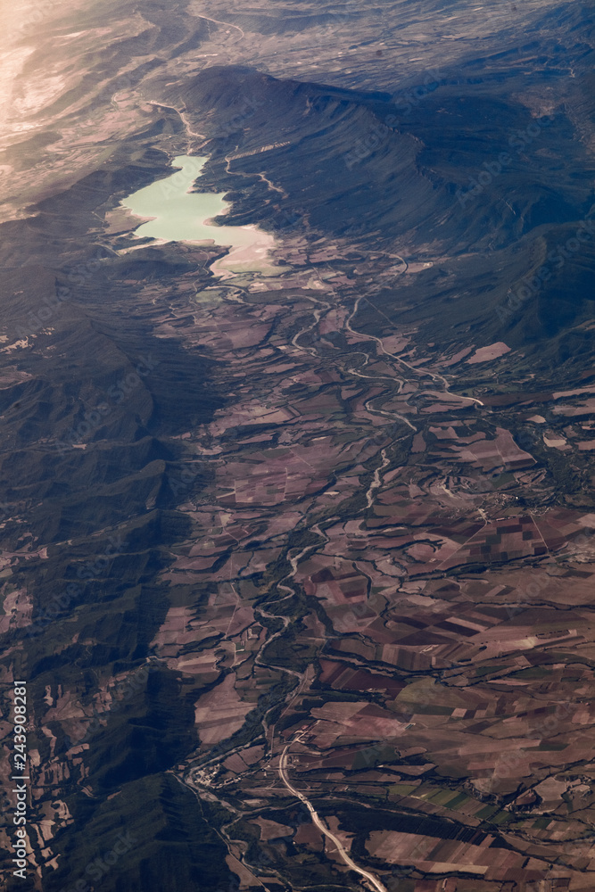 Views of the Yesa reservoir from the airplane window in Spain