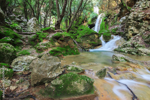 Torrent cascade in Majorca Salt des Freu woods. Winter landscape in Serra de Tramuntana mountains. photo