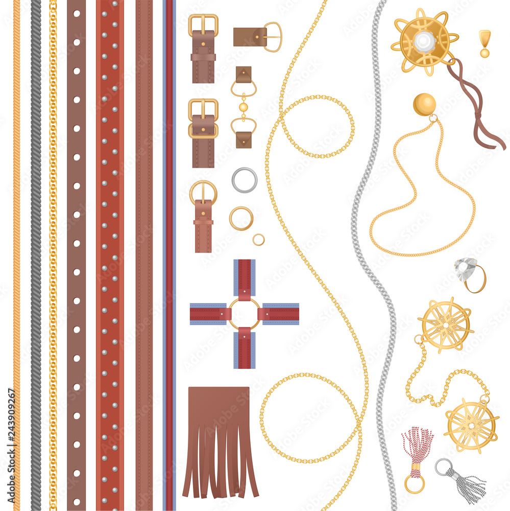Set of the leather belt, earings, necklace, rings, chain and other luxury design accessories vector illustration.