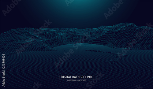 Wireframe landscape background. Futuristic vector illustration.
