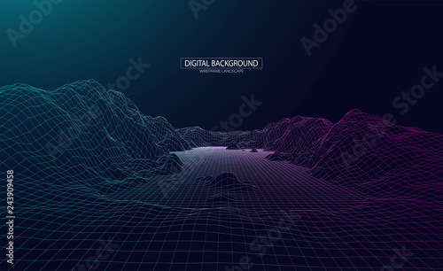 Wireframe landscape background. Futuristic vector illustration.