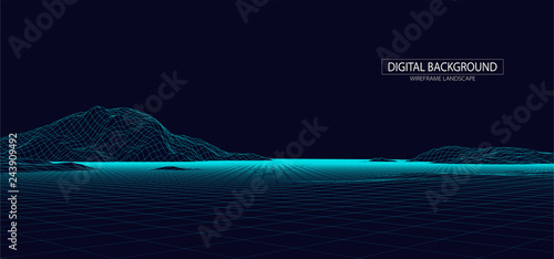 Wireframe landscape background. Futuristic vector illustration.