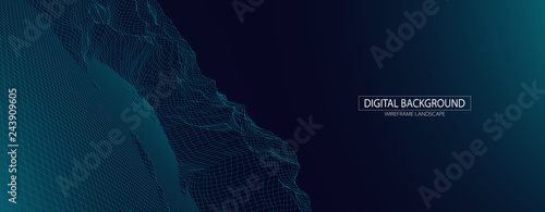 Wireframe landscape background. Futuristic vector illustration.