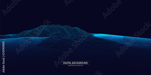 Wireframe landscape background. Futuristic vector illustration.