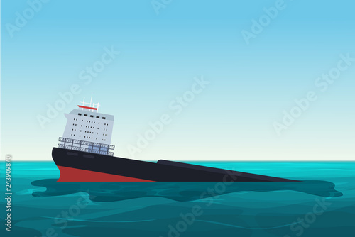 Wrecked oil tanker ship. Oil spill accident. Pollution Environment concept vector illustration.