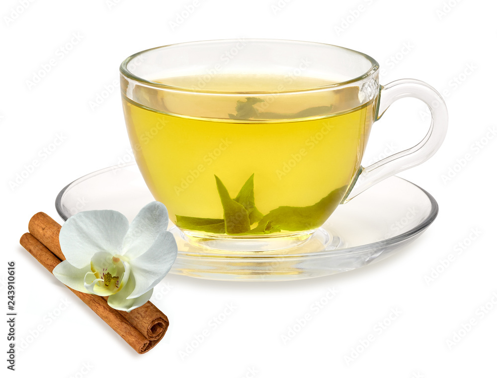 Green tea in cup with leaves isolated on white background including clipping path Green tea in cup with leaves isolated on white background including clipping path