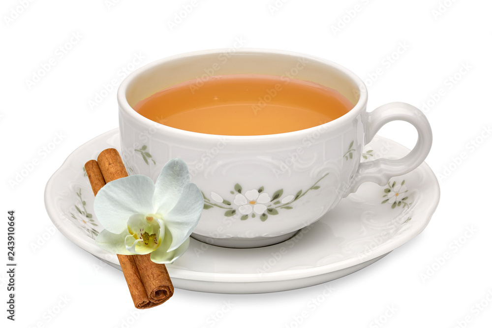 Herbal tea in cup with leaves isolated on white background including clipping path Herbal tea in cup with leaves isolated on white background including clipping path