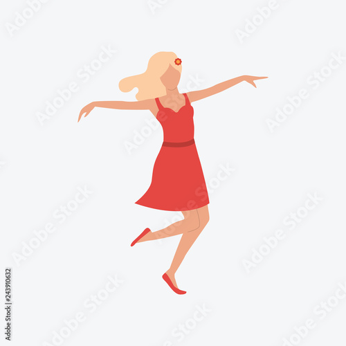 Blondie girl dancing in red dress. Dancing, festive, masquerade. Can be used for topics like celebration, greeting, seasonal photo